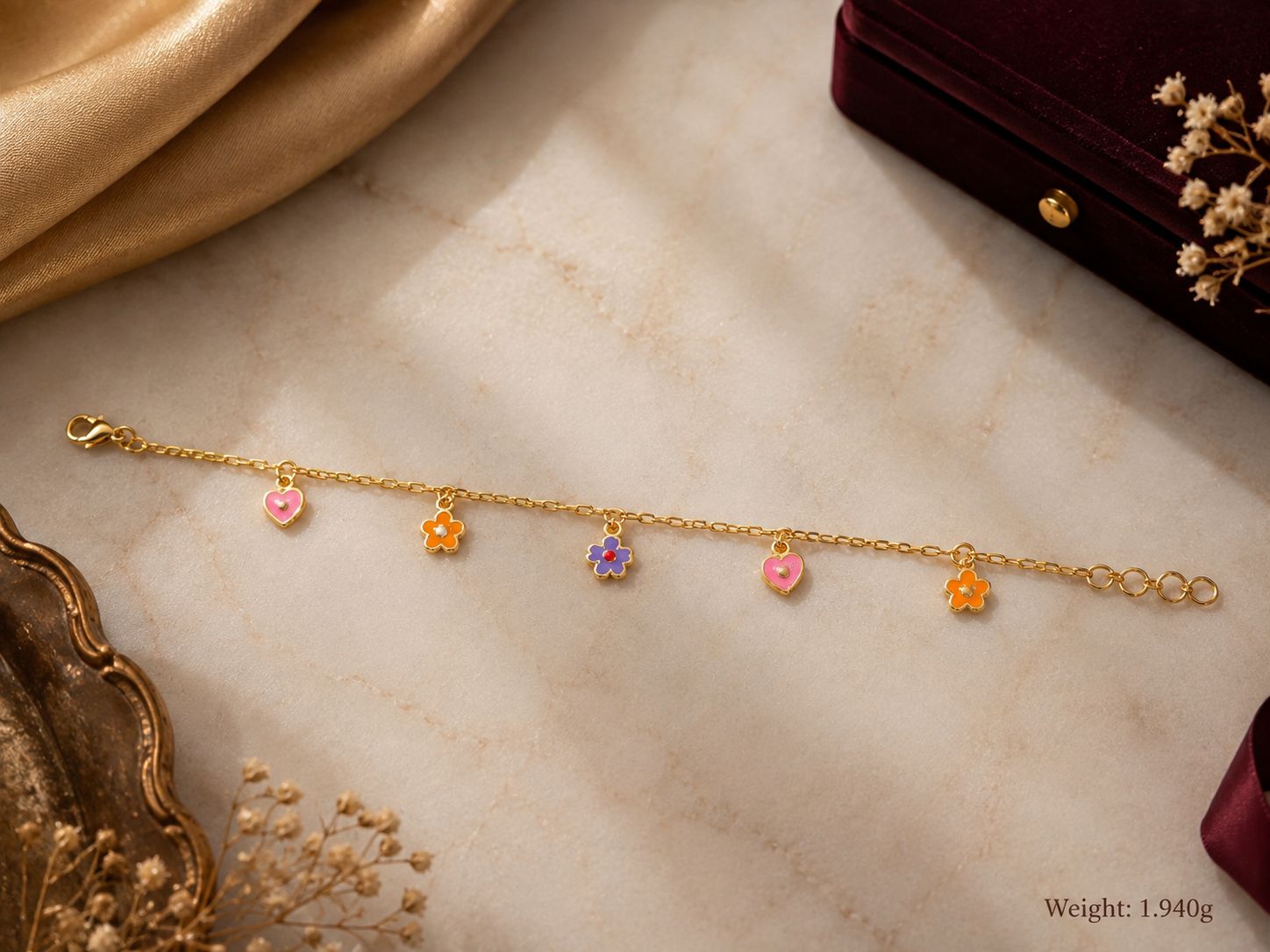 Rainbow Enamel Heart and Flower Bracelet