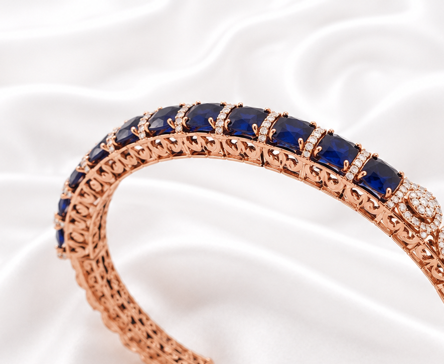 Royal Blue Sapphire & Natural Diamond Rose Gold Open Cuff Bangles