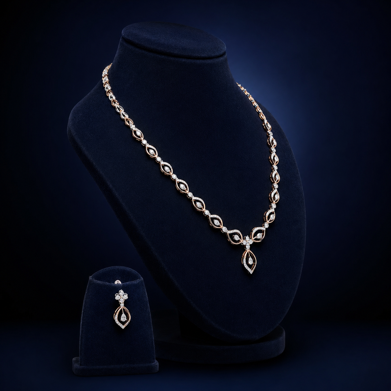 Elegant Rose Gold Natural Diamond Floral Drop Necklace Set