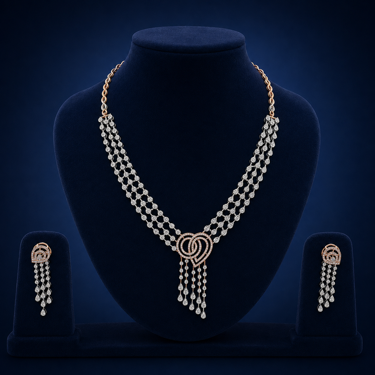Royal Rose Gold Natural Diamond Multi-Layer Tassel Necklace Set