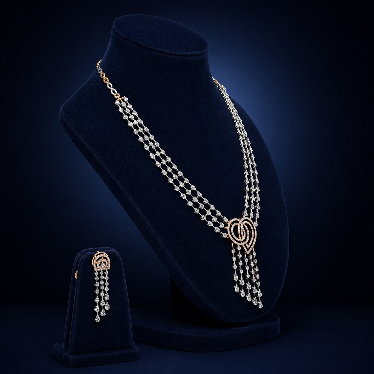 Royal Rose Gold Natural Diamond Multi-Layer Tassel Necklace Set