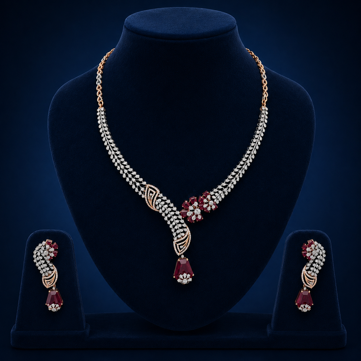 Royal Rose Gold Natural Diamond Ruby Floral Necklace Set