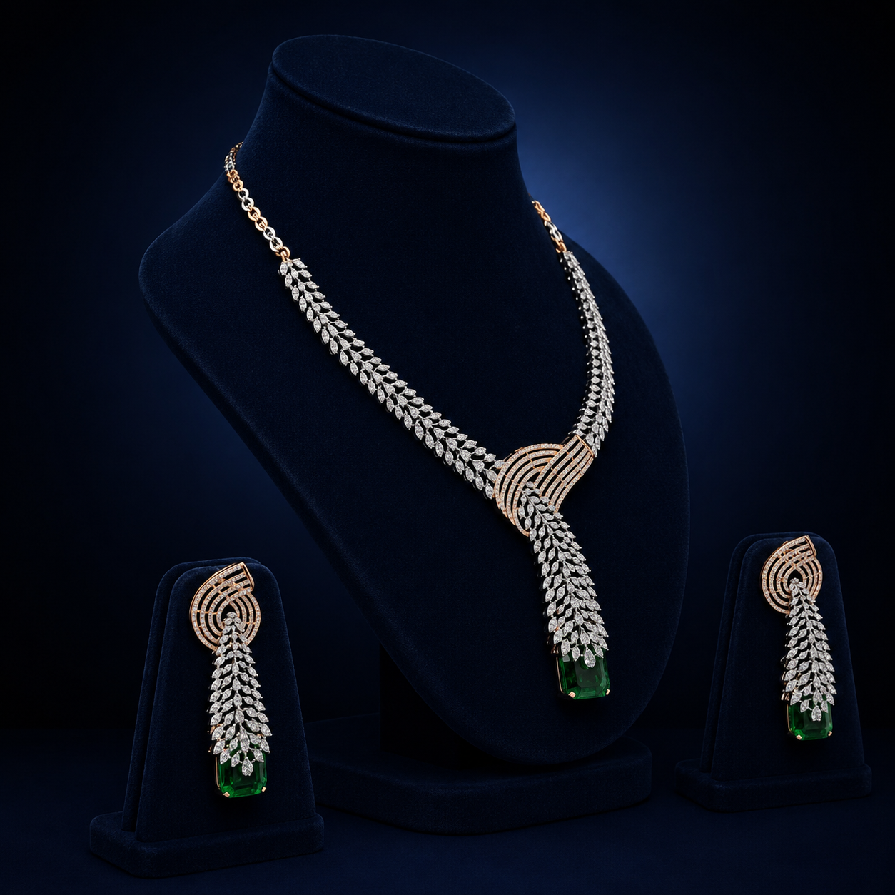 Elegant Rose Gold Natural Diamond Emerald Drop Necklace Set
