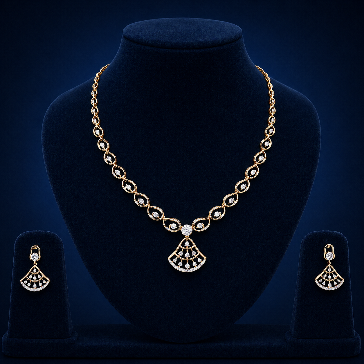 Elegant Rose Gold Natural Diamond Fan Pendant Necklace Set