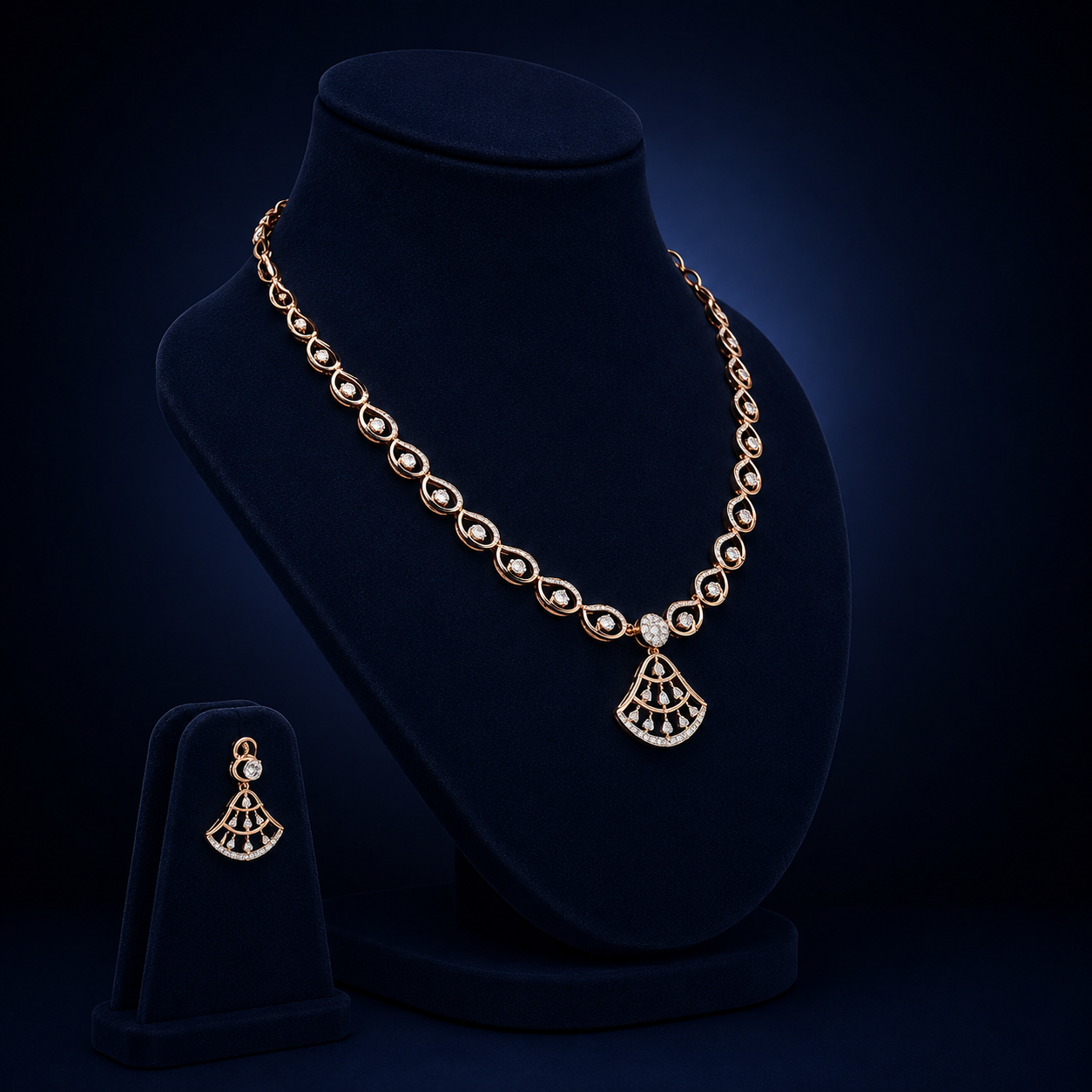 Elegant Rose Gold Natural Diamond Fan Pendant Necklace Set