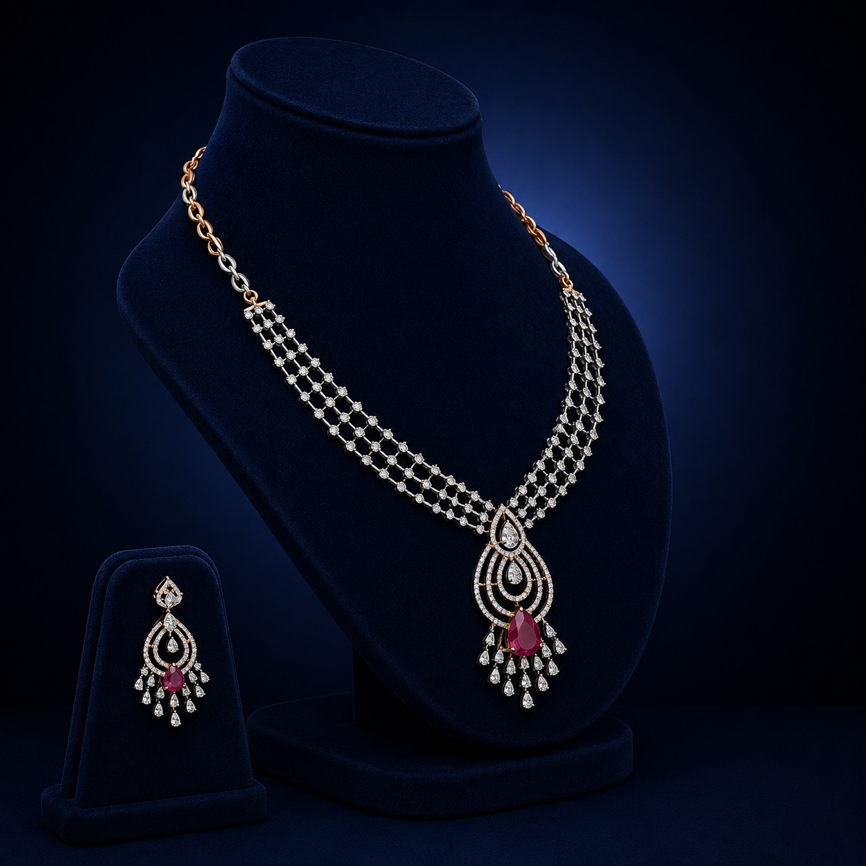 Elegant Rose Gold Natural Diamond Ruby Drop Necklace Set
