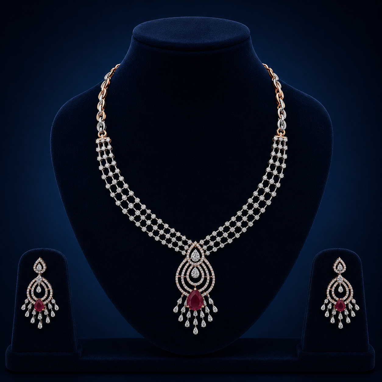 Elegant Rose Gold Natural Diamond Ruby Drop Necklace Set