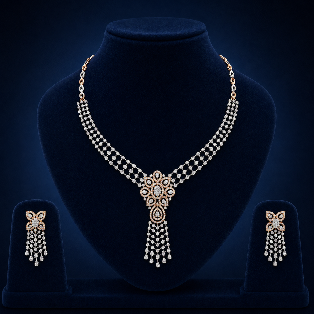 Elegant Rose Gold Natural Diamond Floral Tassel Necklace Set