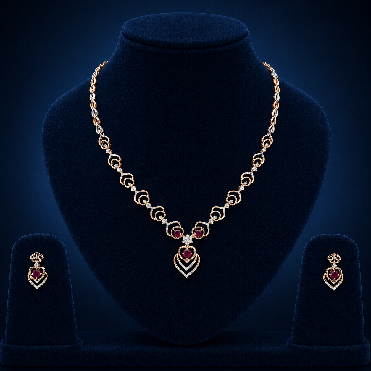 Elegant Rose Gold Natural Diamond Heart Pendant Necklace Set