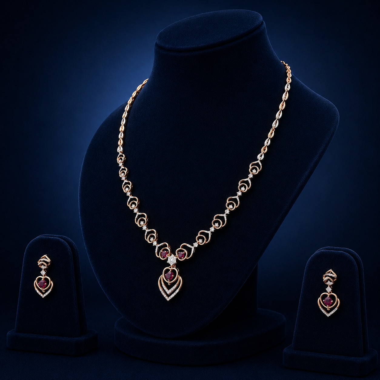 Elegant Rose Gold Natural Diamond Heart Pendant Necklace Set