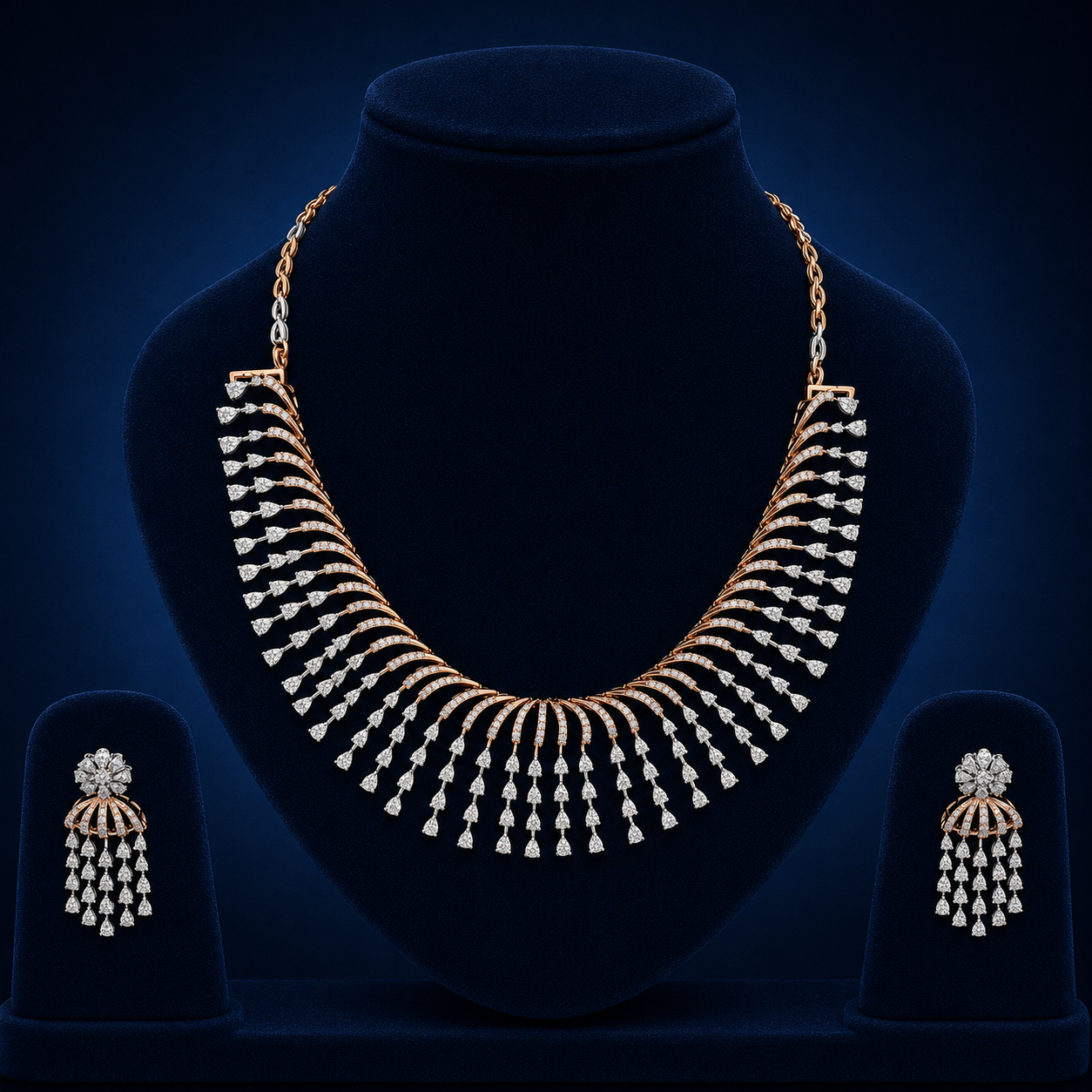Elegant Rose Gold Natural Diamond Fringe Statement Necklace Set