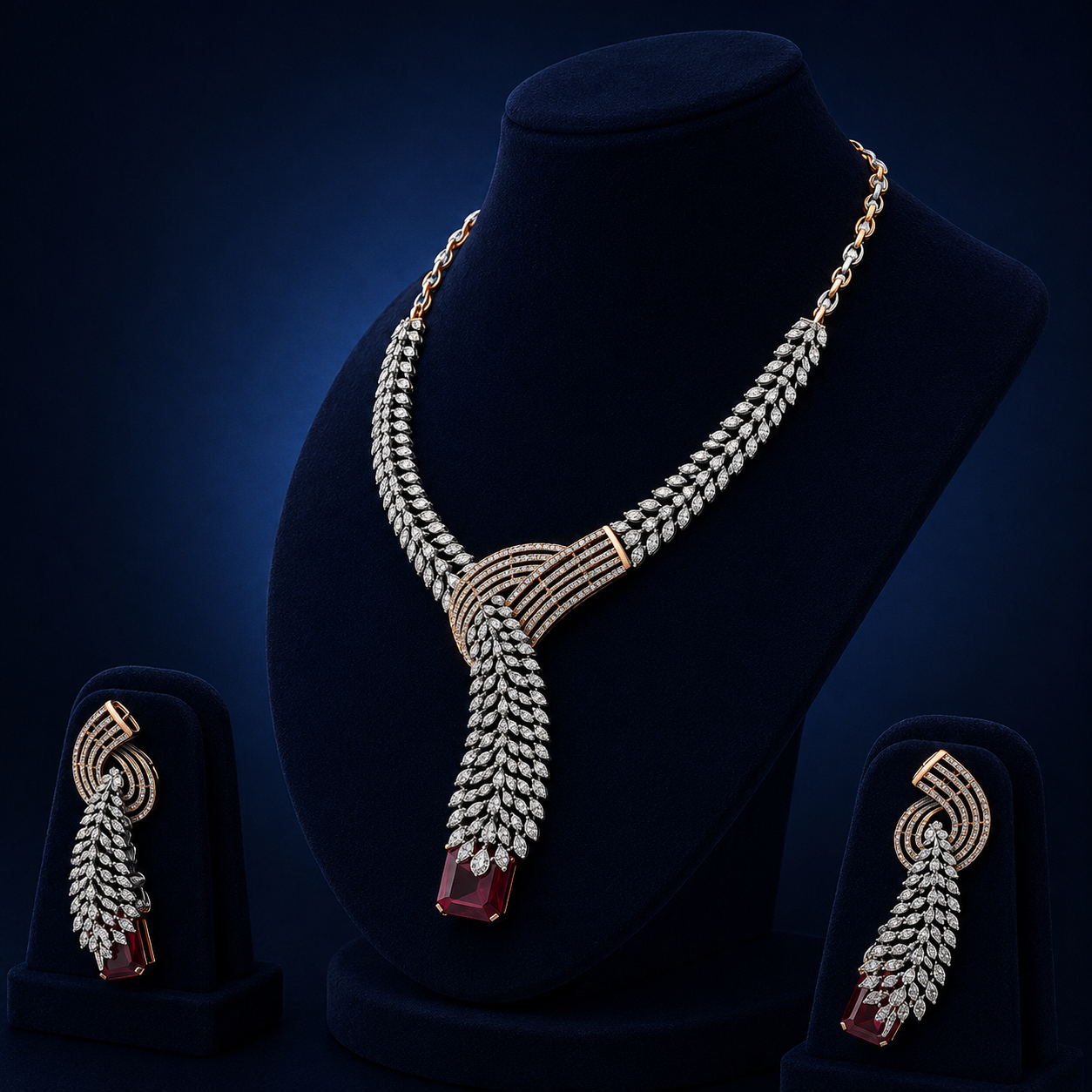 Elegant Rose Gold Natural Diamond Ruby Tassel Necklace Set