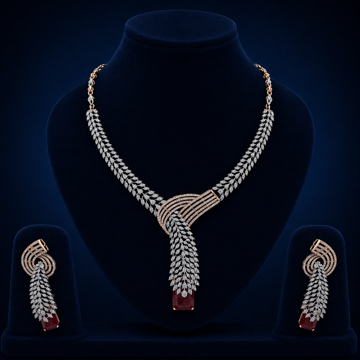 Elegant Rose Gold Natural Diamond Ruby Tassel Necklace Set