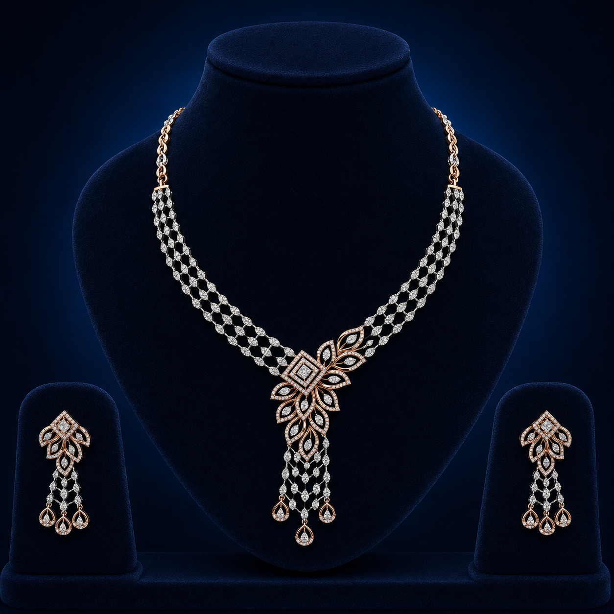Elegant Rose Gold Natural Diamond Floral Cascade Necklace Set
