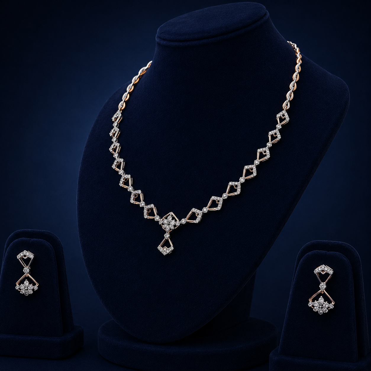 Elegant Rose Gold Natural Diamond Geometric Floral Necklace Set