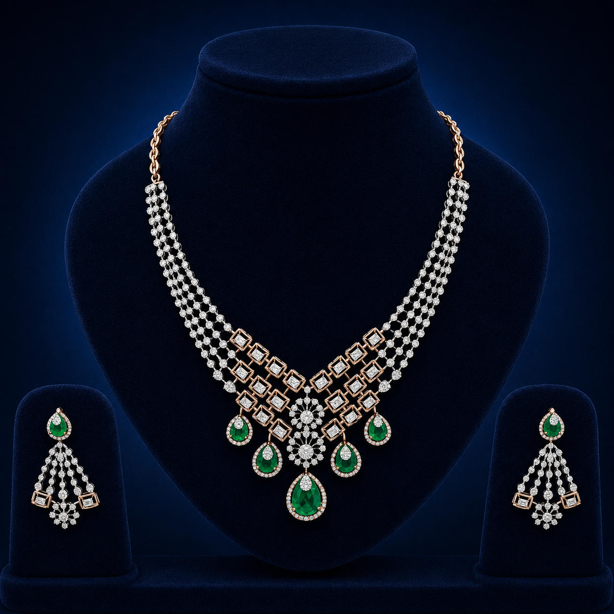 Elegant Rose Gold Natural Diamond Emerald Statement Necklace Set