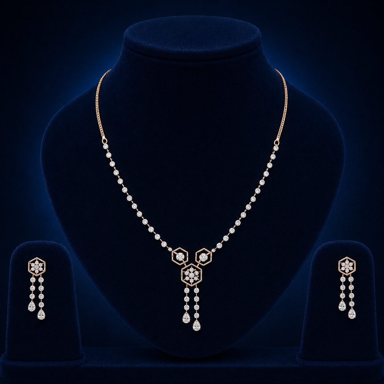 Elegant Rose Gold Natural Diamond Hexagon Floral Pendant Necklace Set