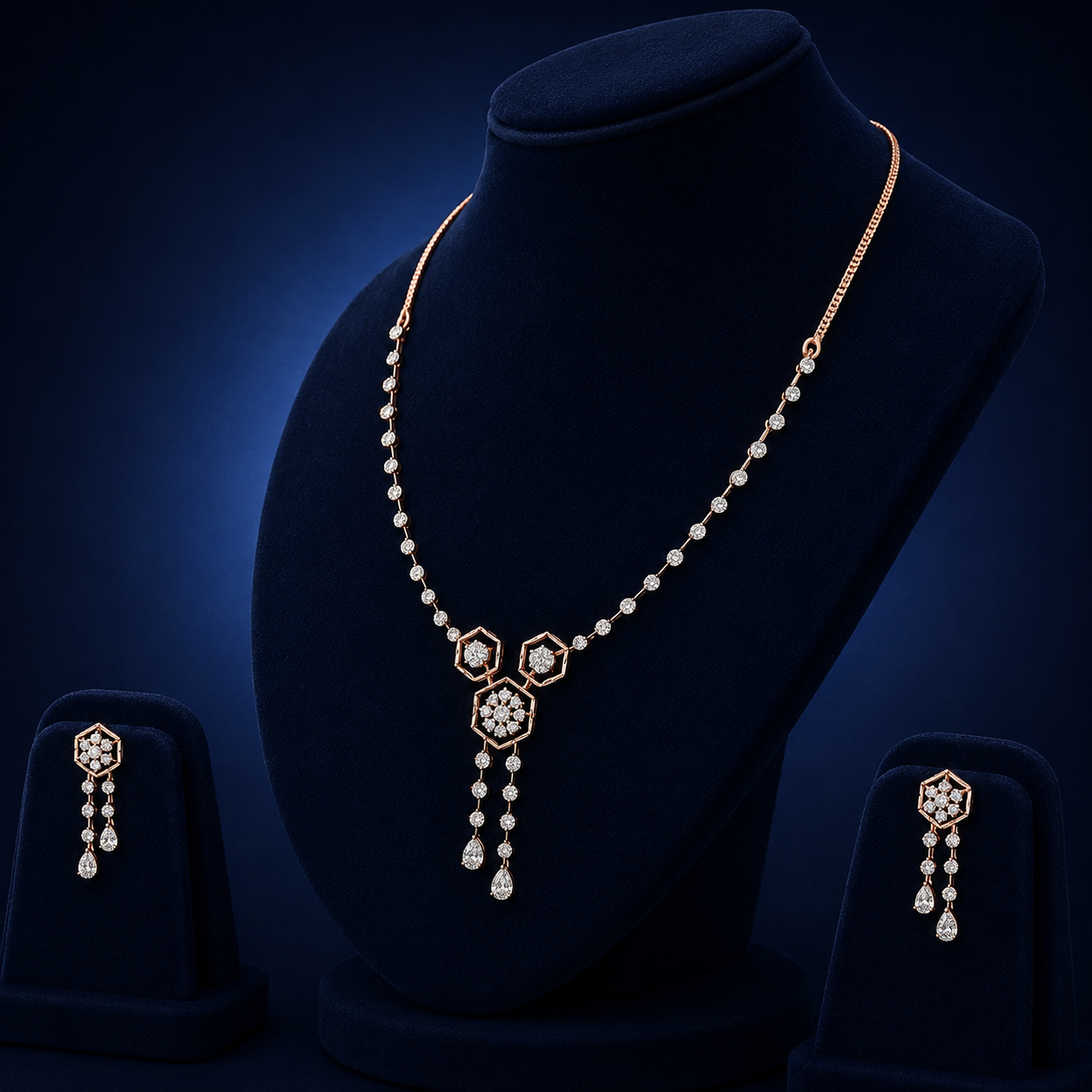 Elegant Rose Gold Natural Diamond Hexagon Floral Pendant Necklace Set