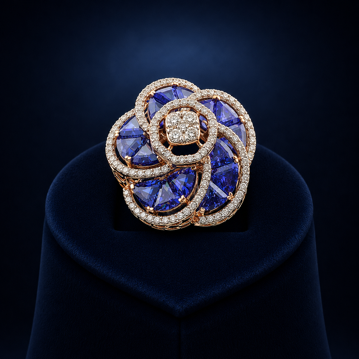 Natural Diamond Blue Sapphire Floral Statement Ring