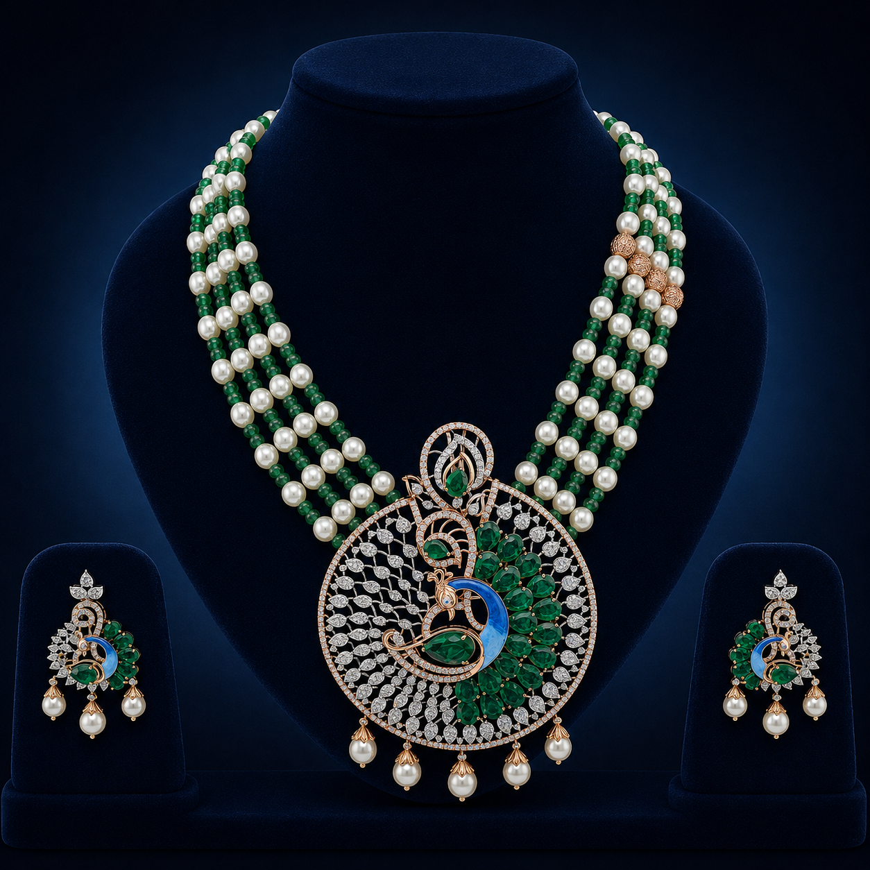 Natural Diamond Peacock Emerald Pearl Necklace Set