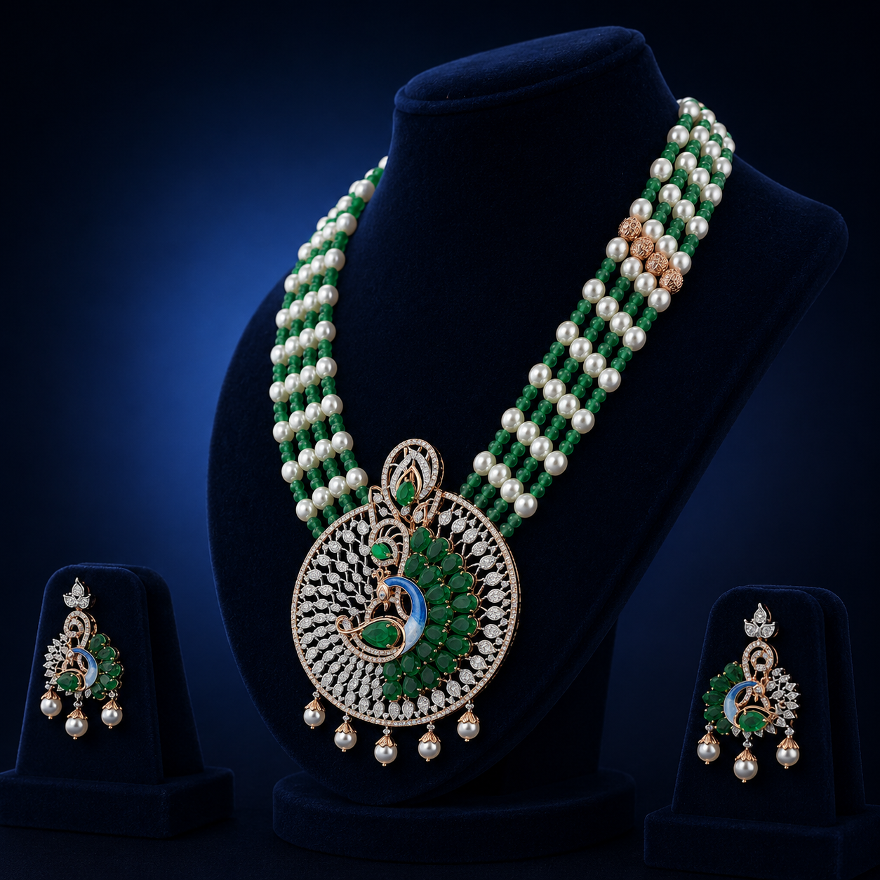 Natural Diamond Peacock Emerald Pearl Necklace Set