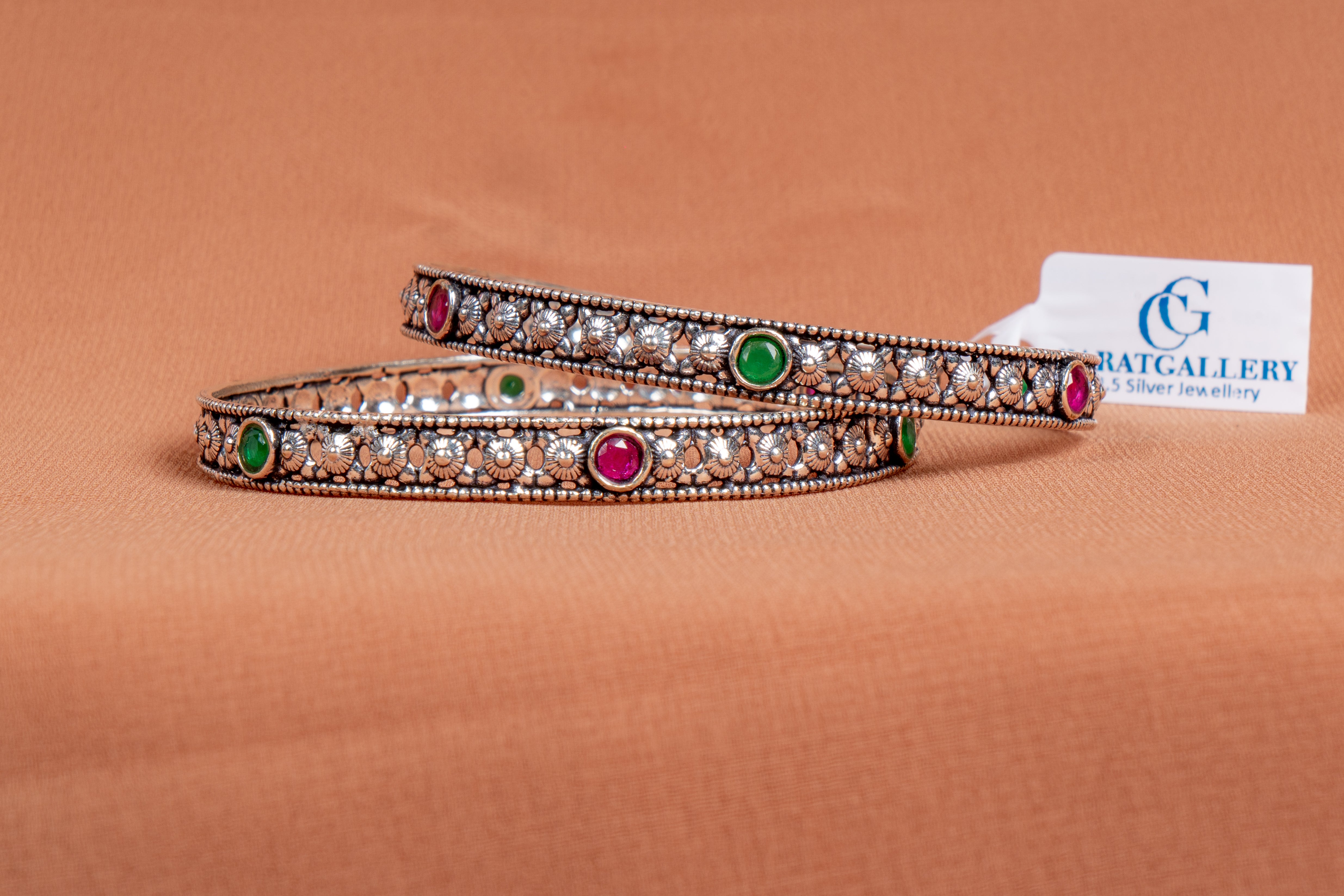 Emerald Ruby Floral Silver Bangles