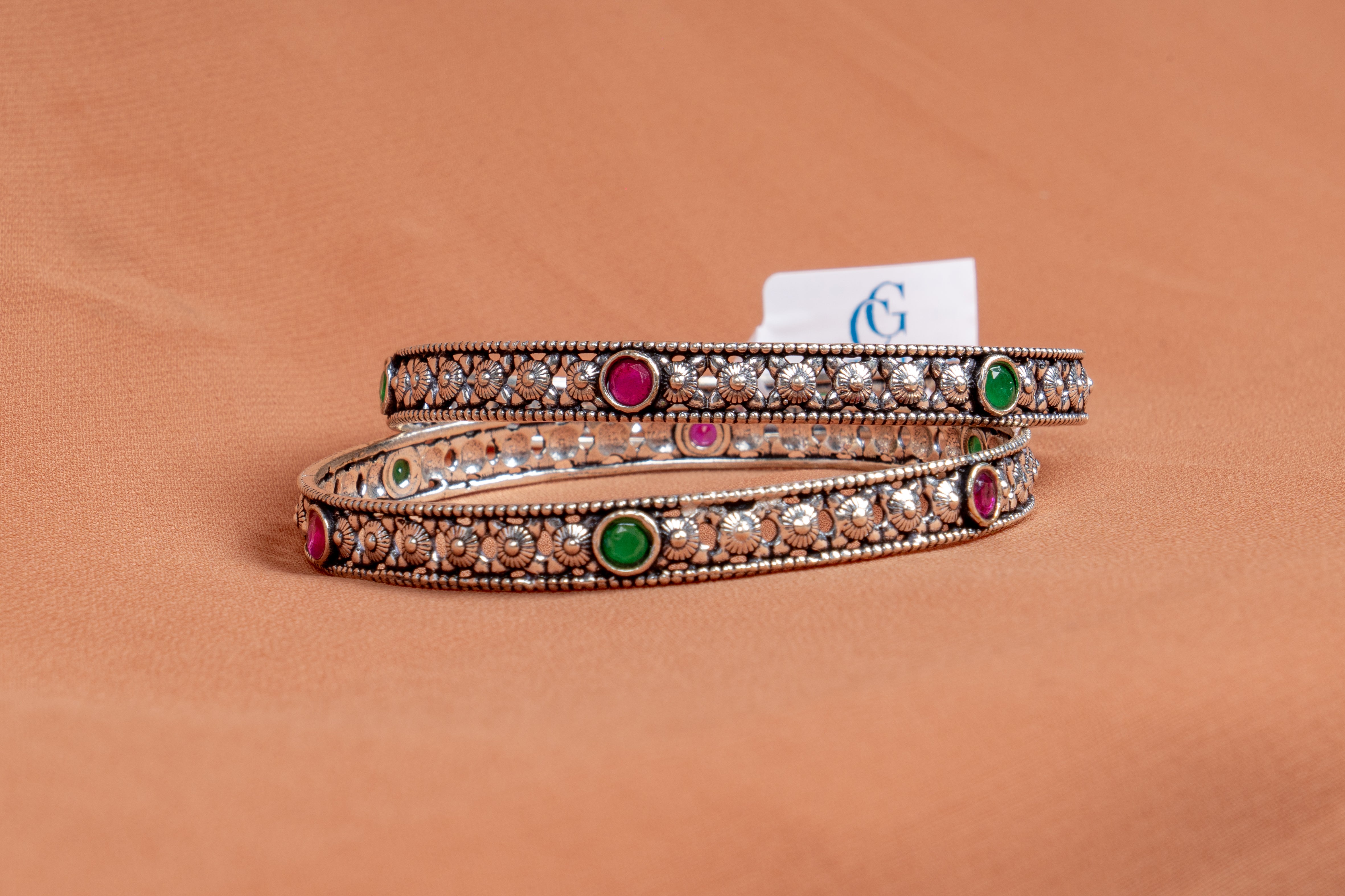 Emerald Ruby Floral Silver Bangles