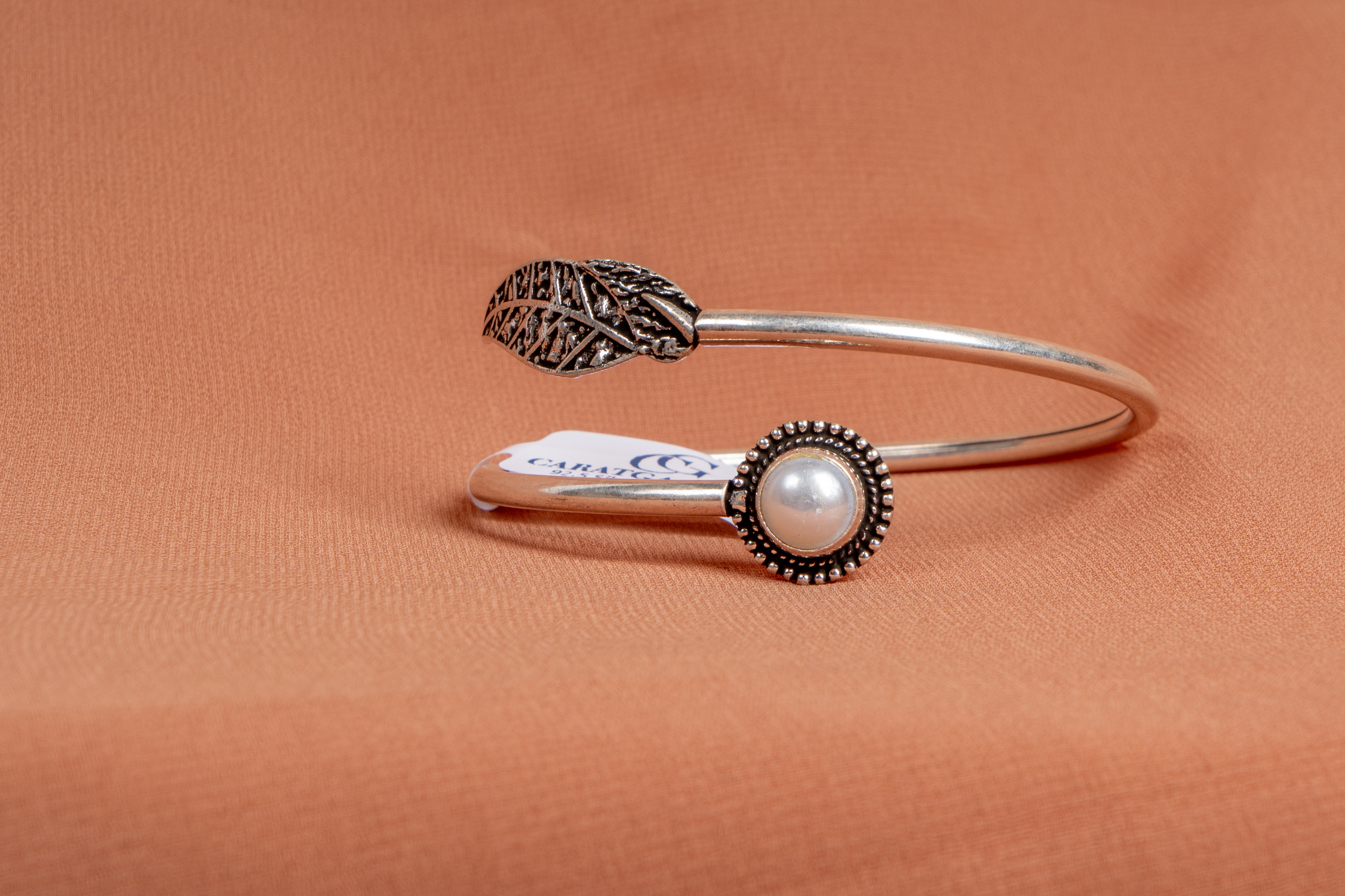 Pearl Leaf Sterling Silver Open Cuff Bracelet