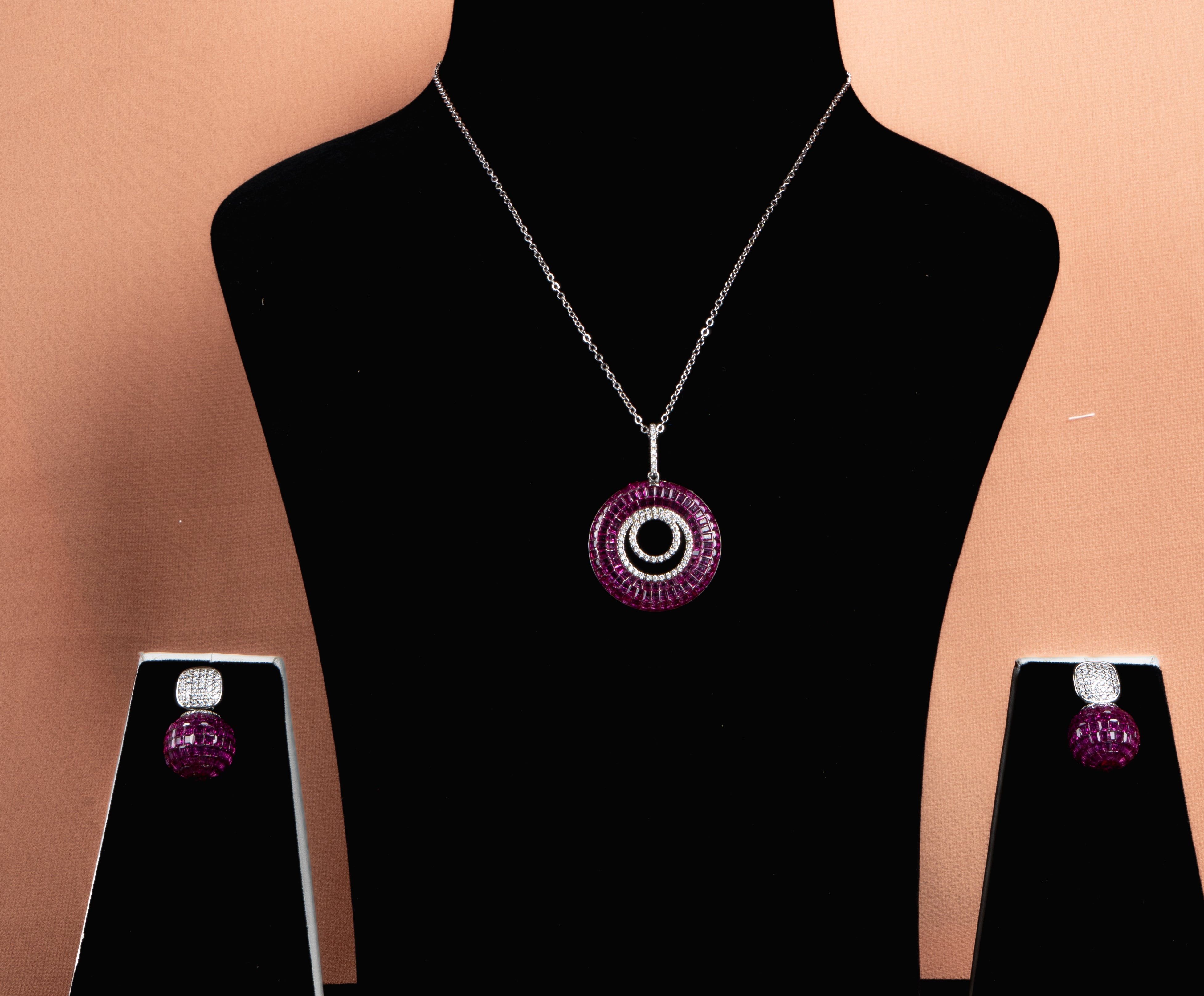 Miravelle Ruby Halo Necklace and Earrings Set