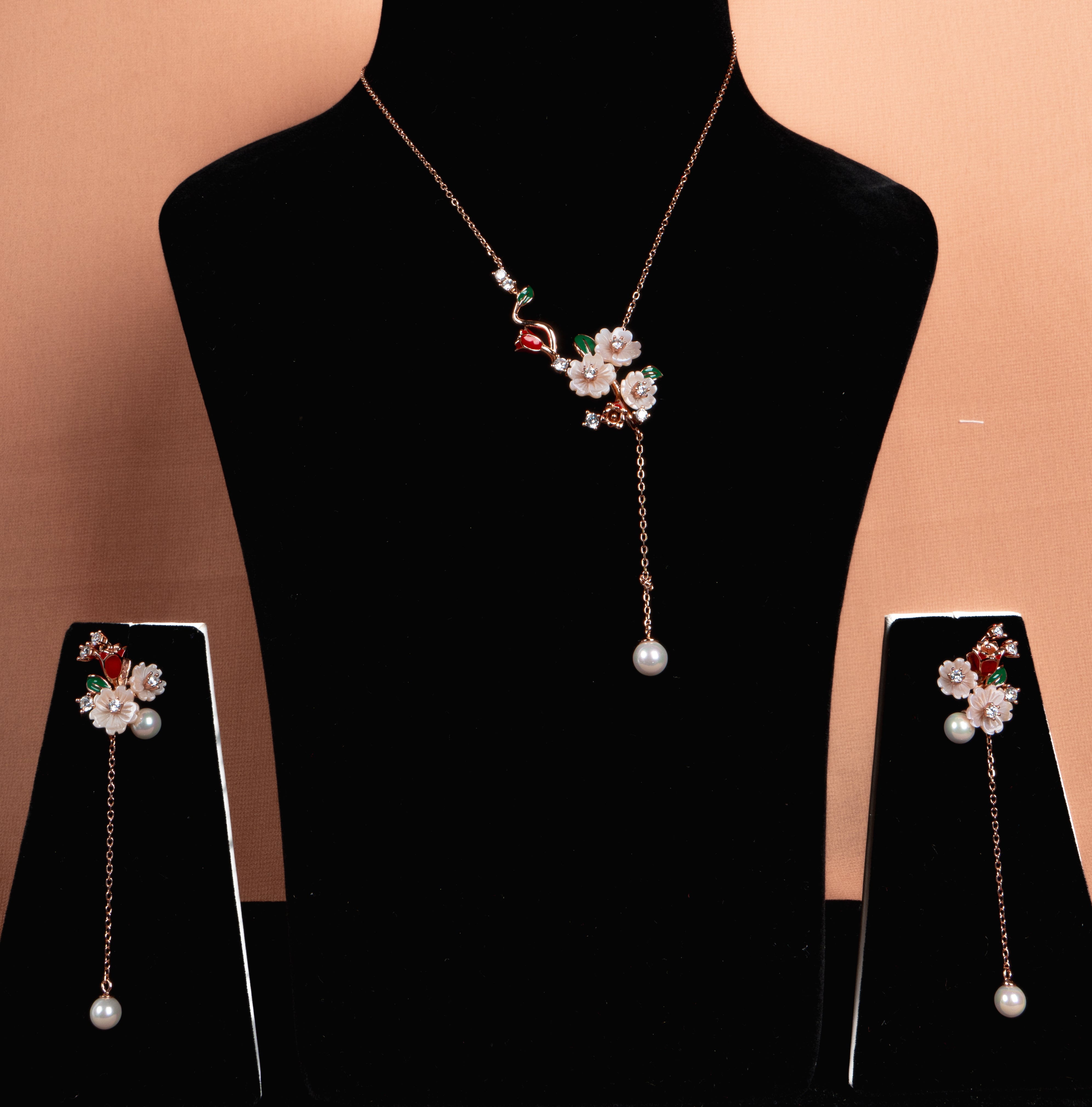 Blossom Pearl Drop Necklace and Earrings Set
