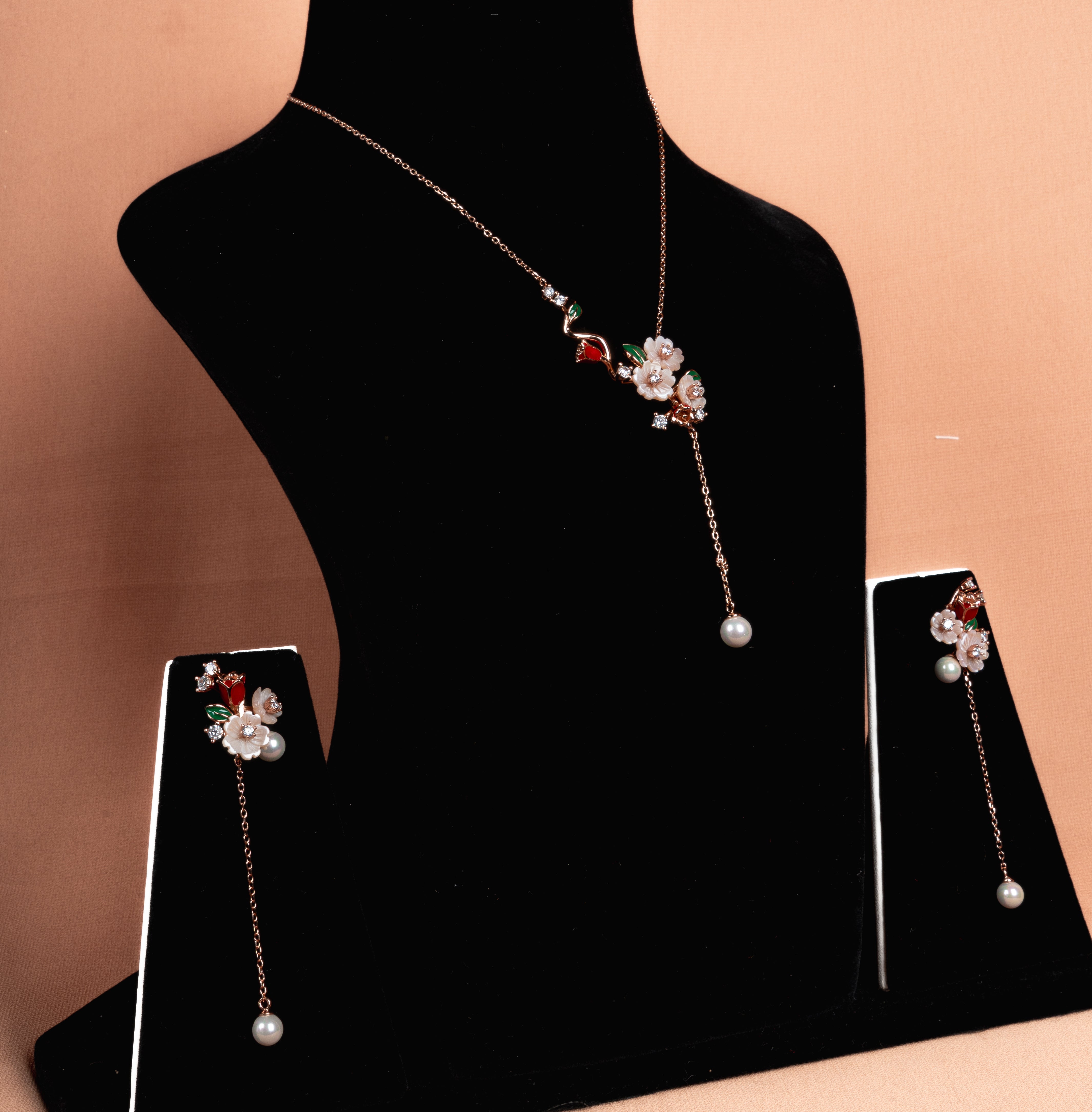 Blossom Pearl Drop Necklace and Earrings Set