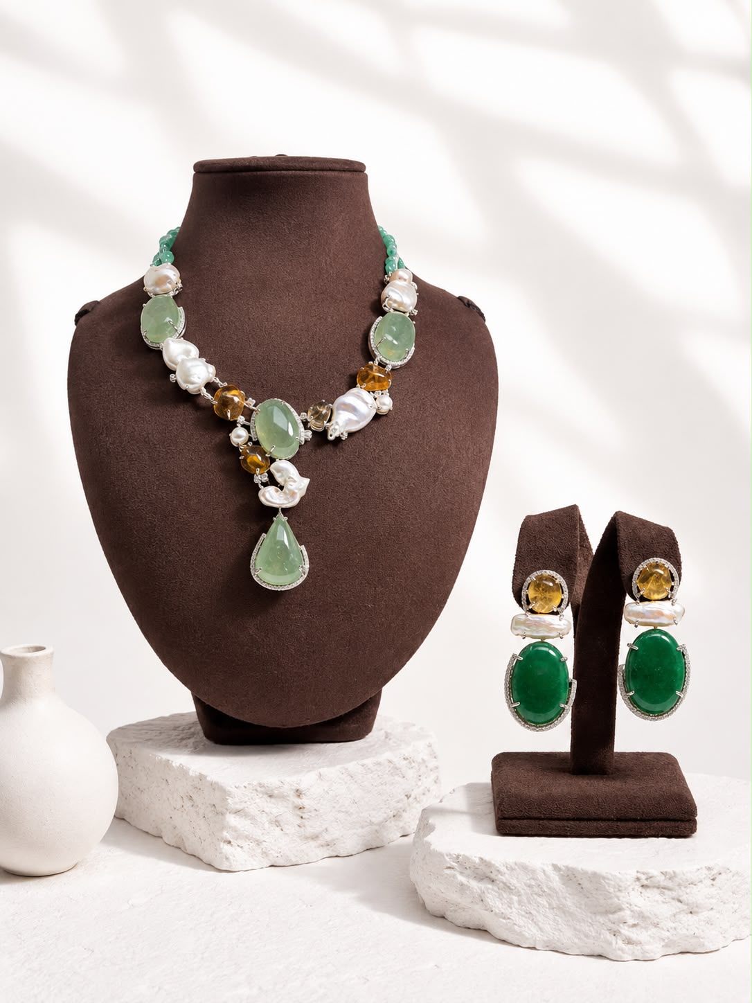Sterling Silver Green Real Gemstone Pearl Necklace Set