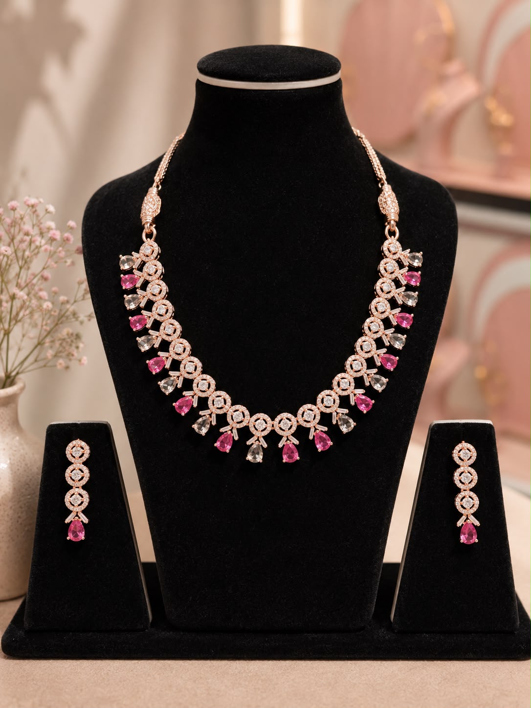 Pink Gemstone Rose Gold Necklace Set