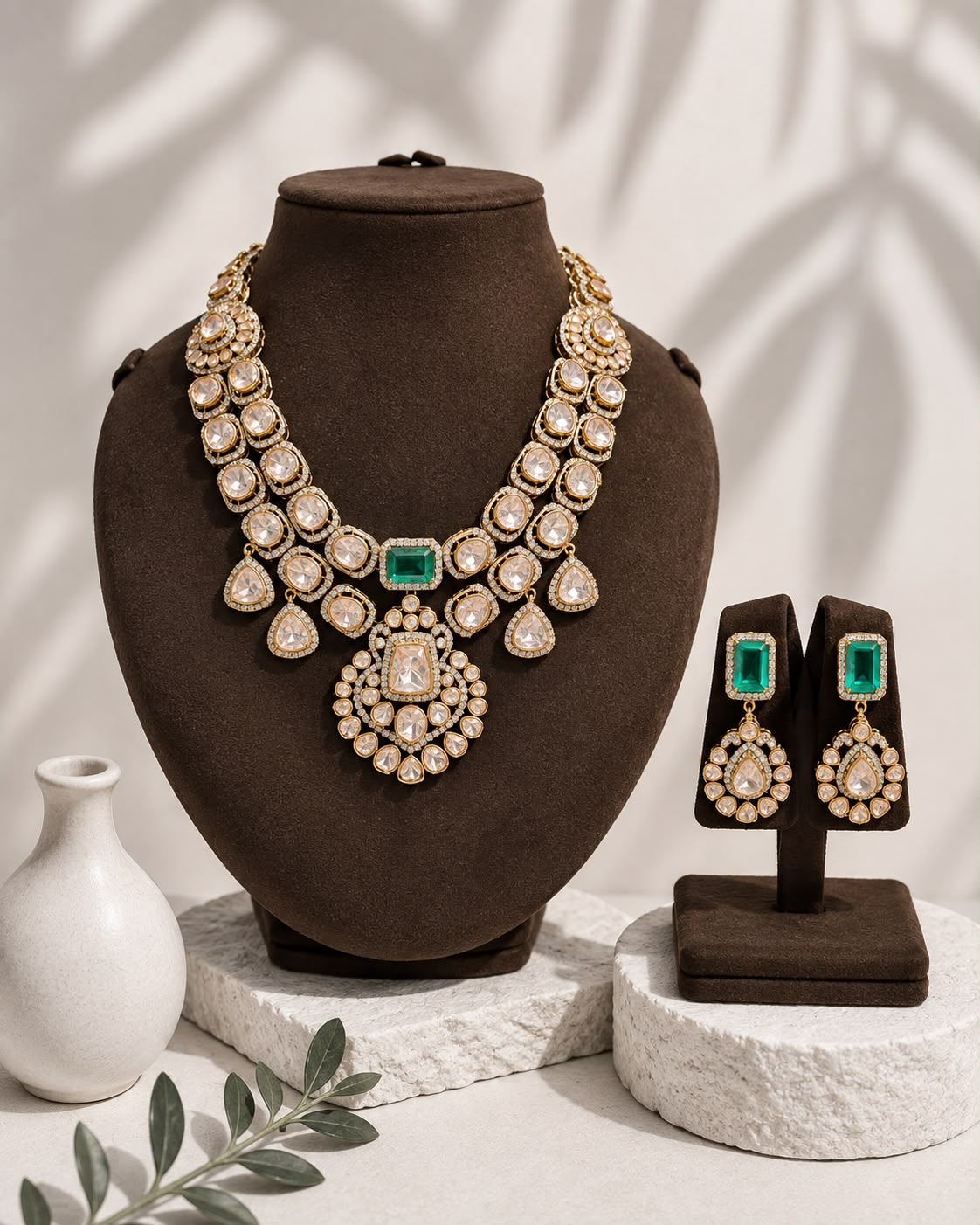 Green Gemstone Polki Bridal Necklace Set