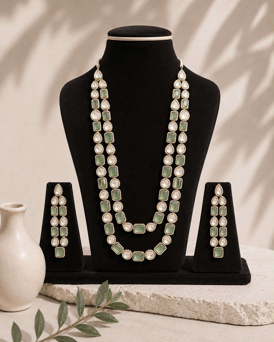 Mint Green Layered Long Necklace Set
