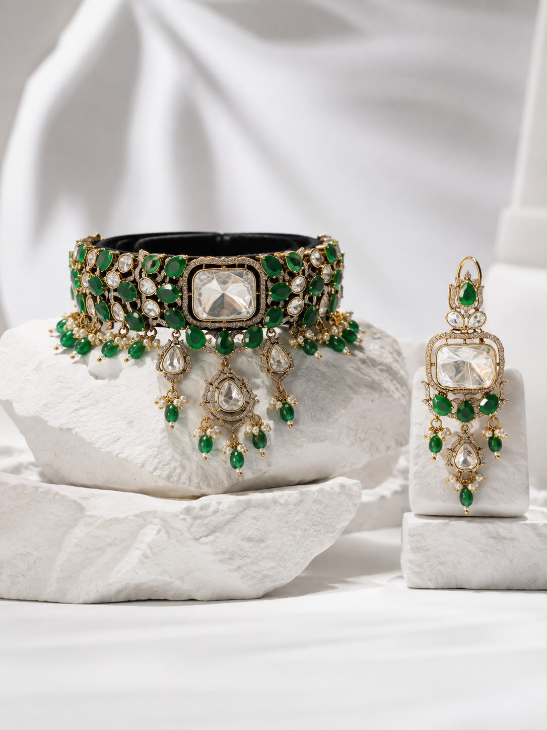 Green Gemstone Polki Choker Set