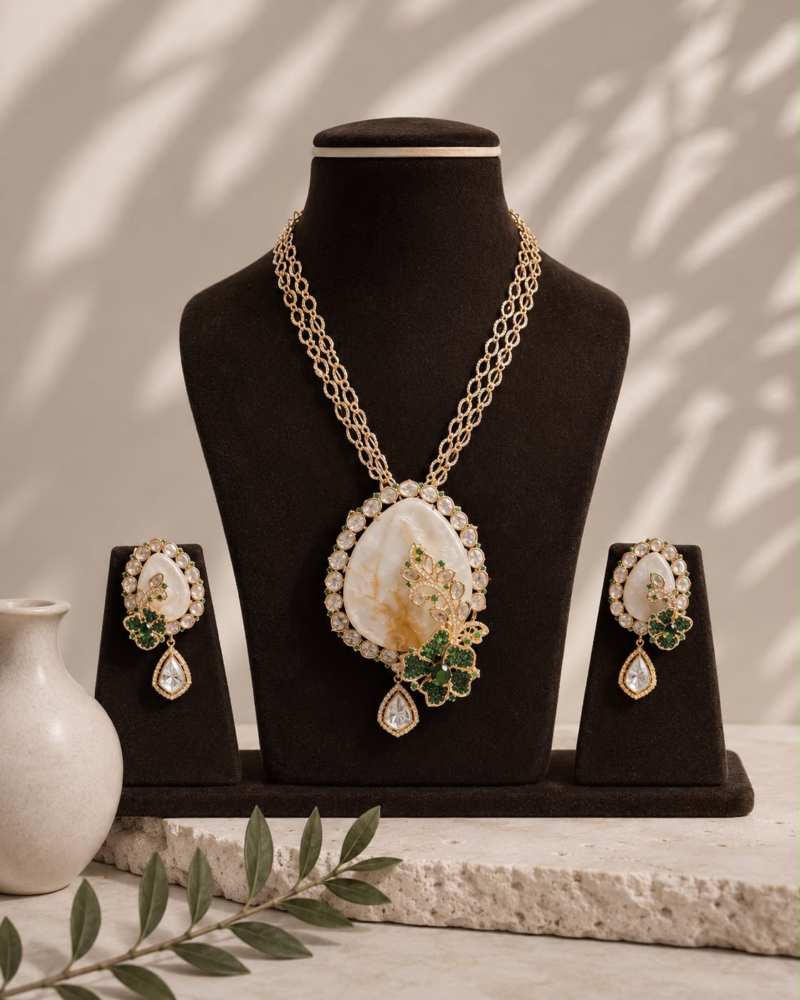 Ivory Stone Floral Pendant Necklace Set