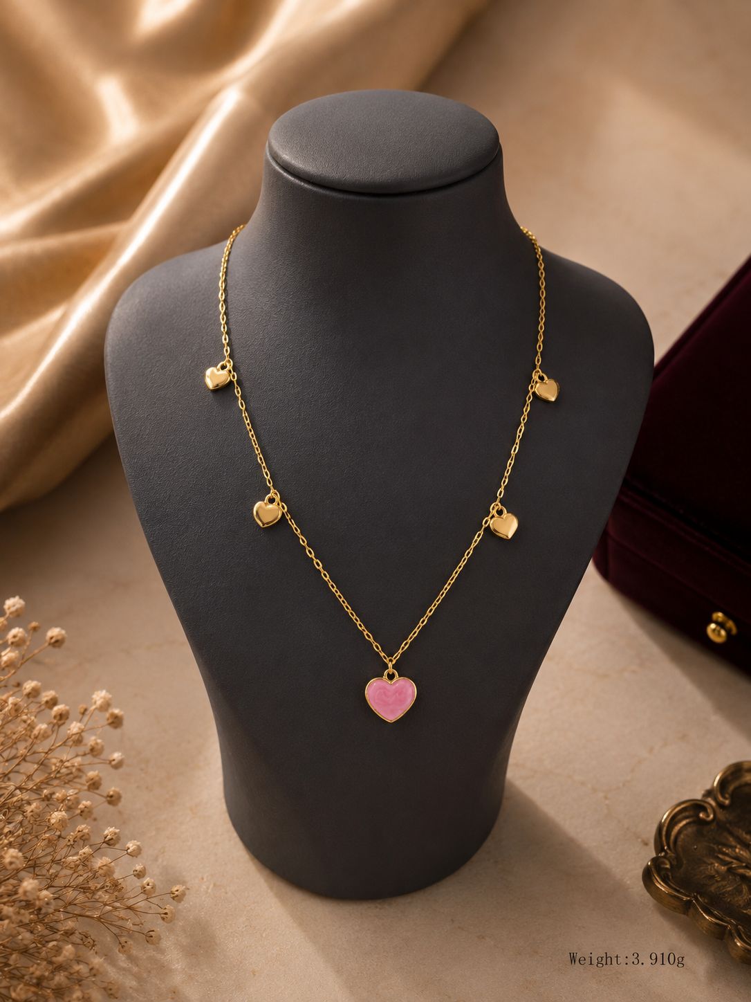 Pink Enamel Heart Charm Necklace