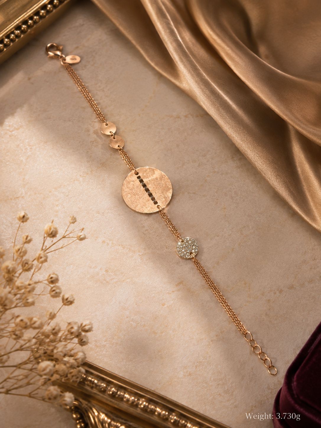 Rose Gold Hammered Disc Diamond Bracelet