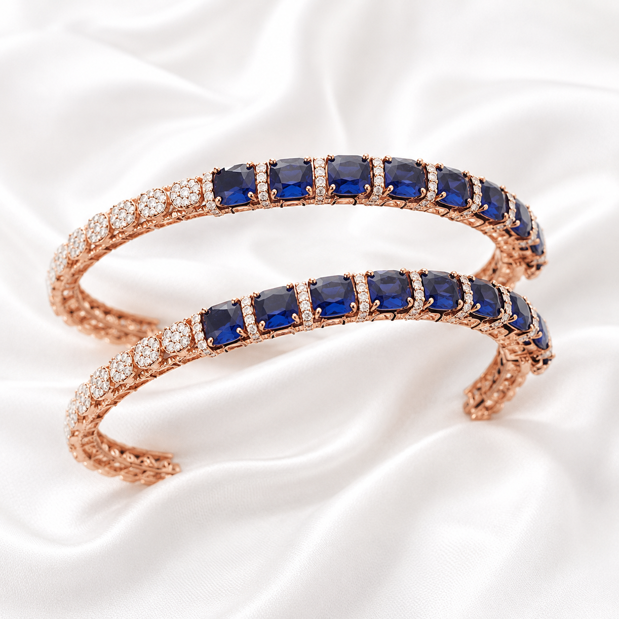 Royal Blue Sapphire & Natural Diamond Rose Gold Open Cuff Bangles
