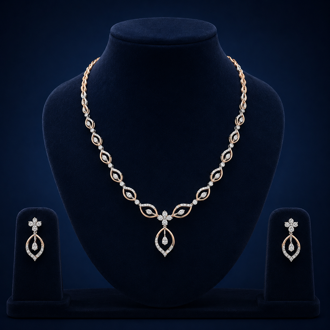 Elegant Rose Gold Natural Diamond Floral Drop Necklace Set