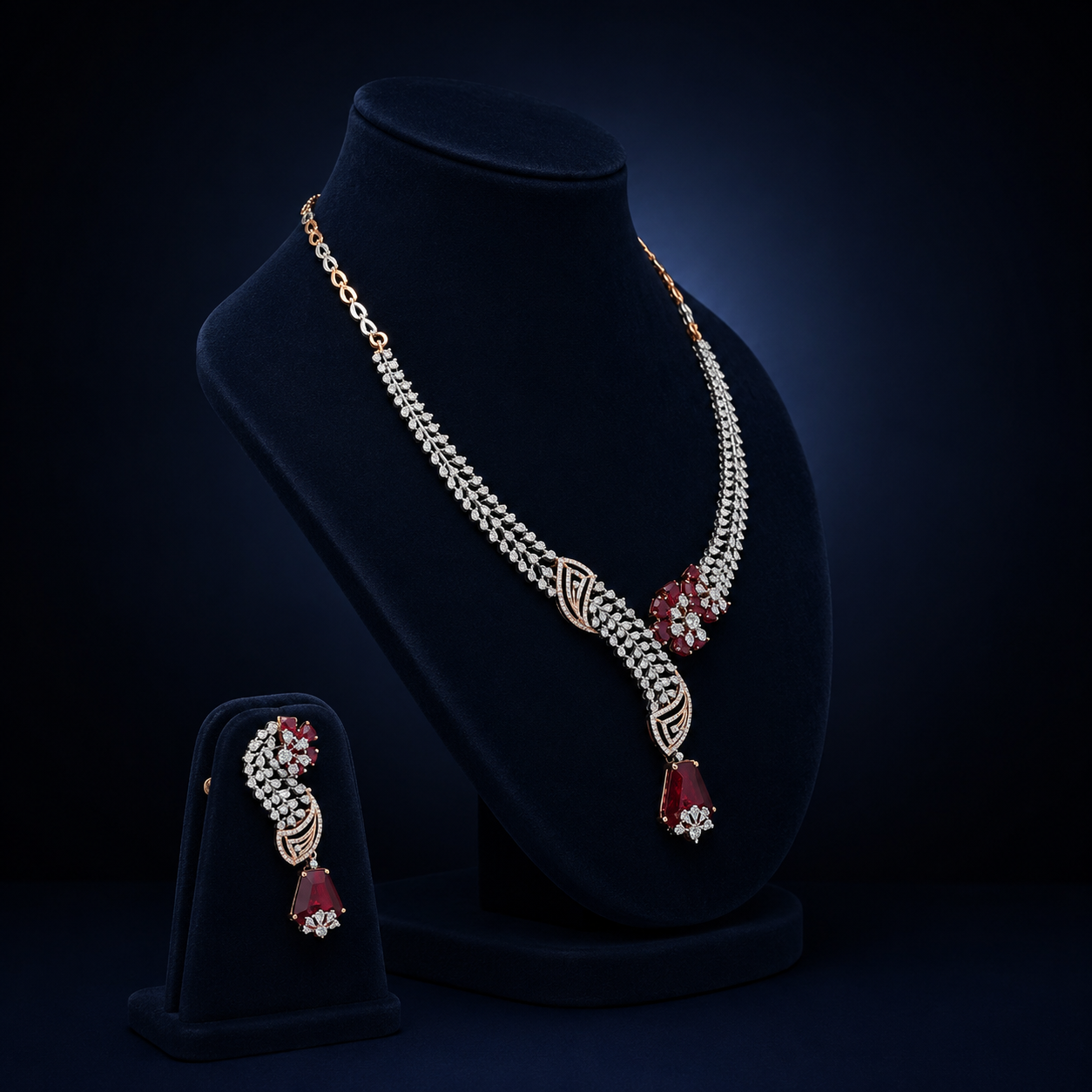 Royal Rose Gold Natural Diamond Ruby Floral Necklace Set