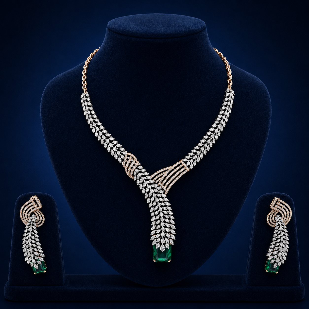 Elegant Rose Gold Natural Diamond Emerald Drop Necklace Set