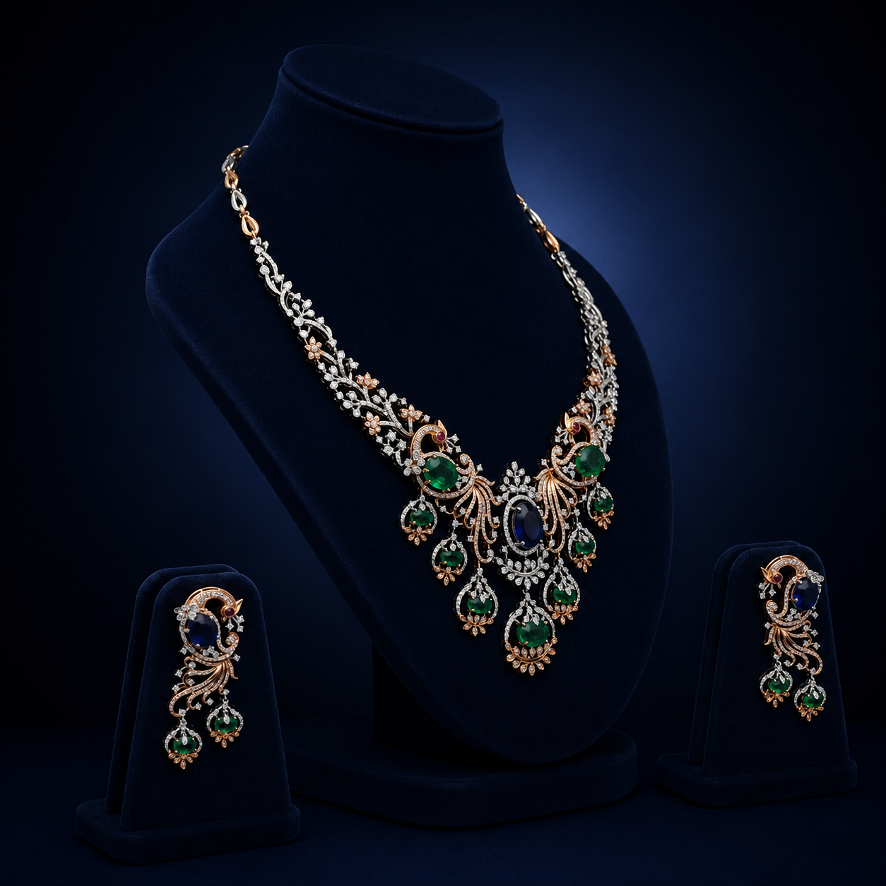 Royal Rose Gold Natural Diamond Emerald & Blue Sapphire Necklace Set