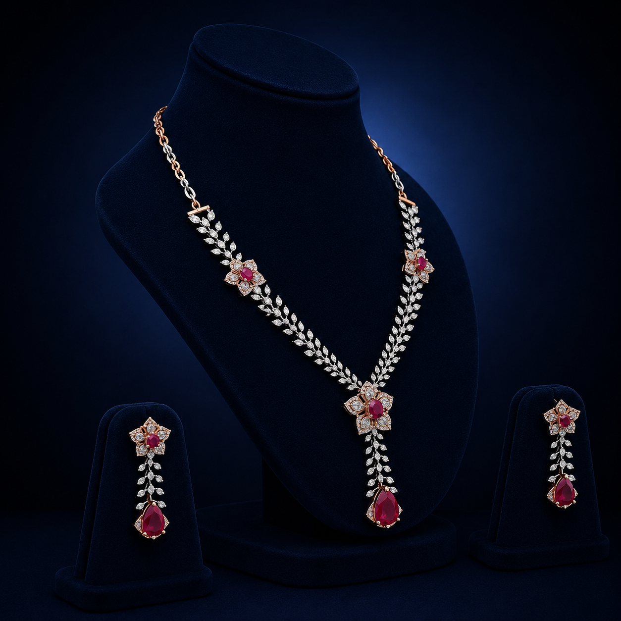Elegant Rose Gold Natural Diamond Ruby Floral Drop Necklace Set
