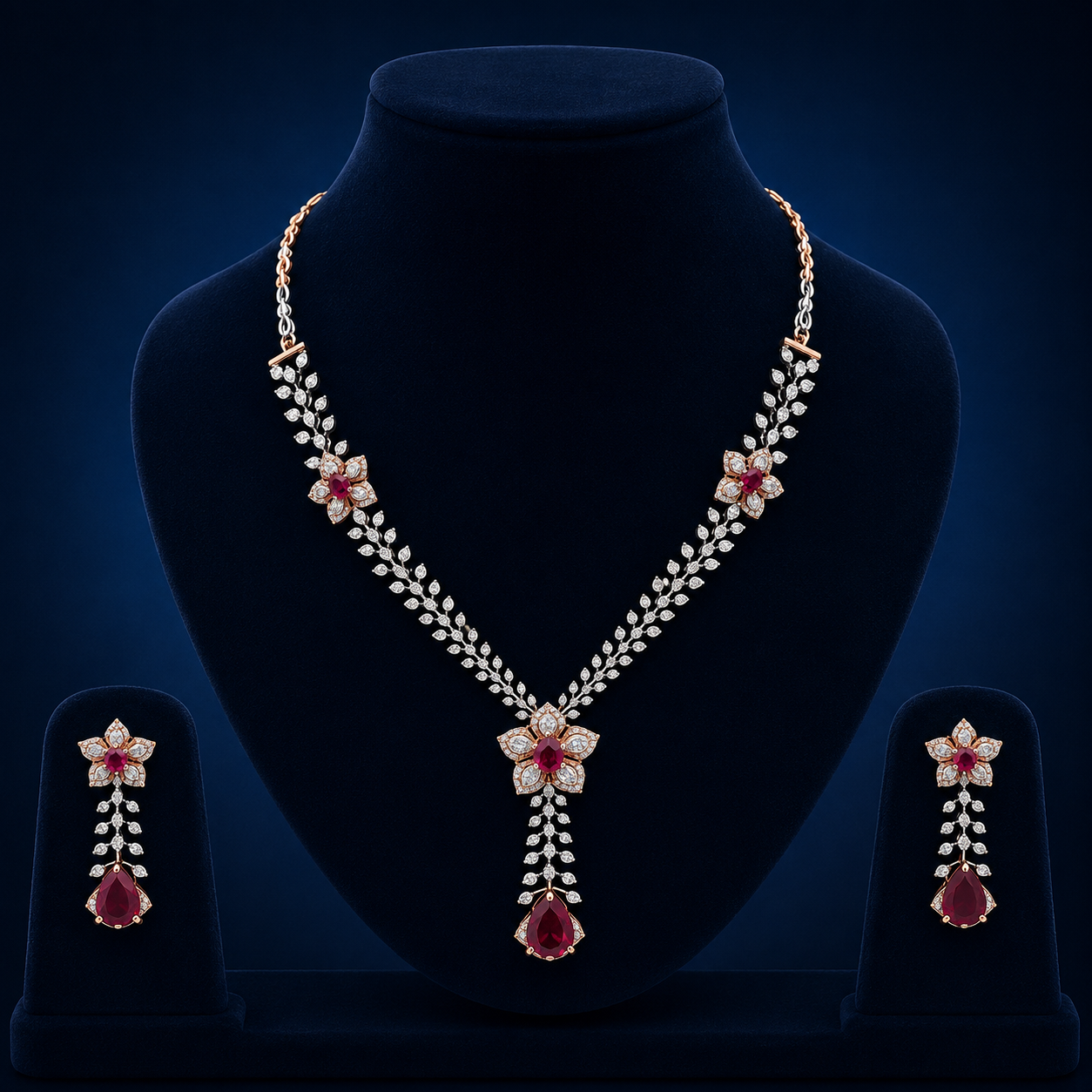 Elegant Rose Gold Natural Diamond Ruby Floral Drop Necklace Set