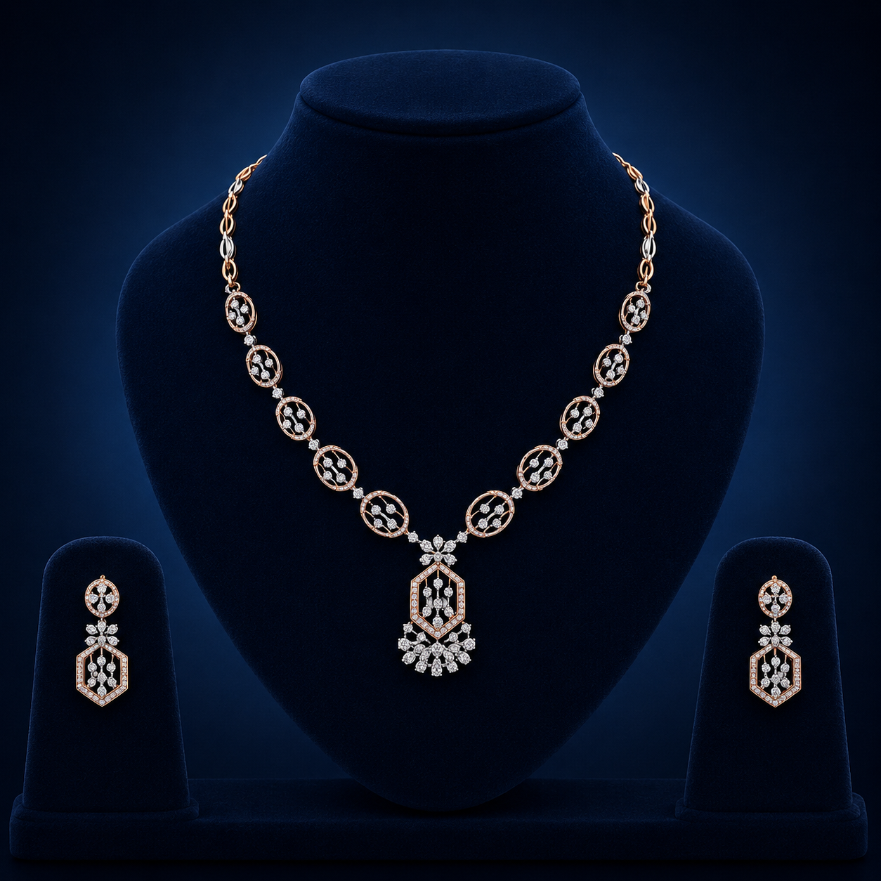 Elegant Rose Gold Natural Diamond Geometric Pendant Necklace Set