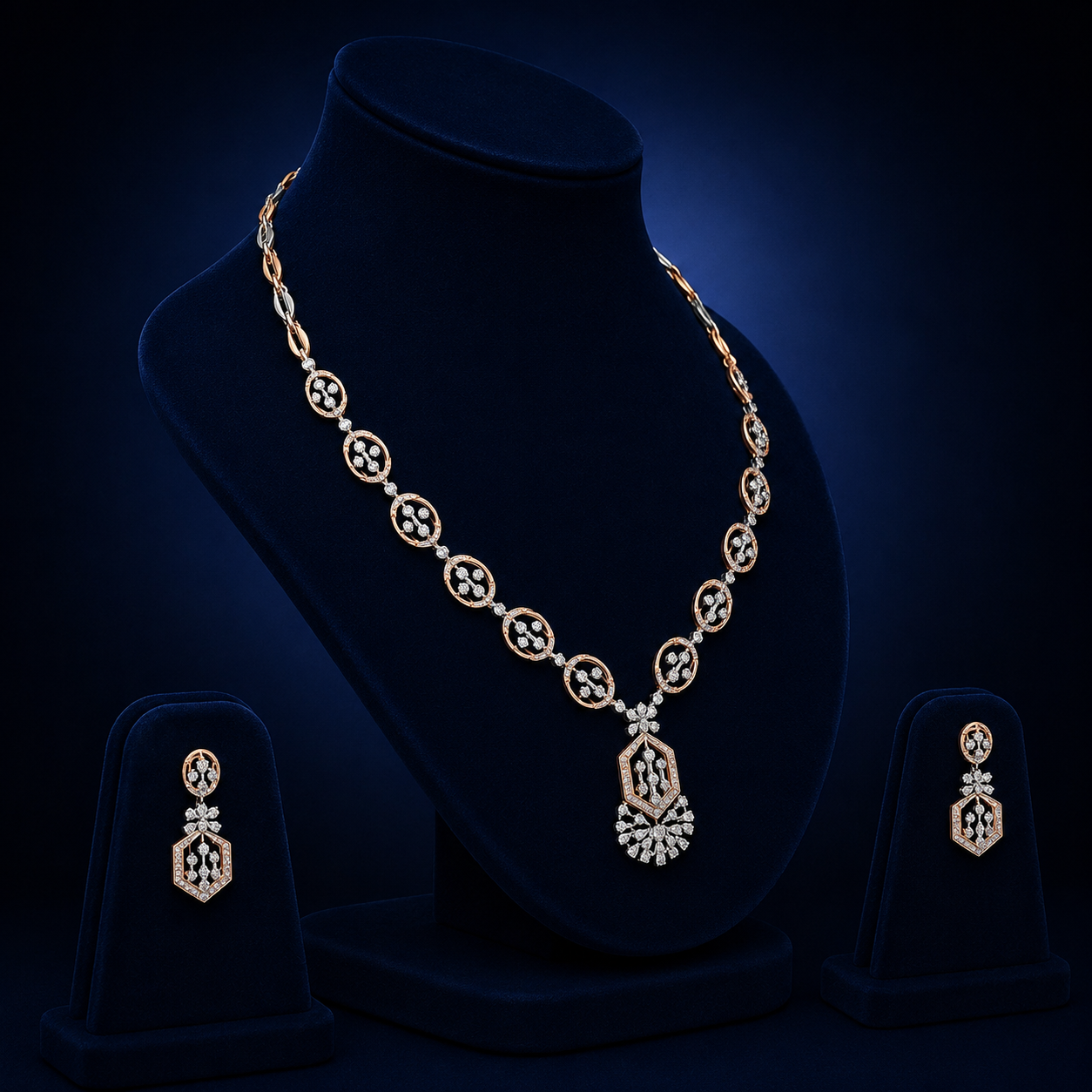 Elegant Rose Gold Natural Diamond Geometric Pendant Necklace Set