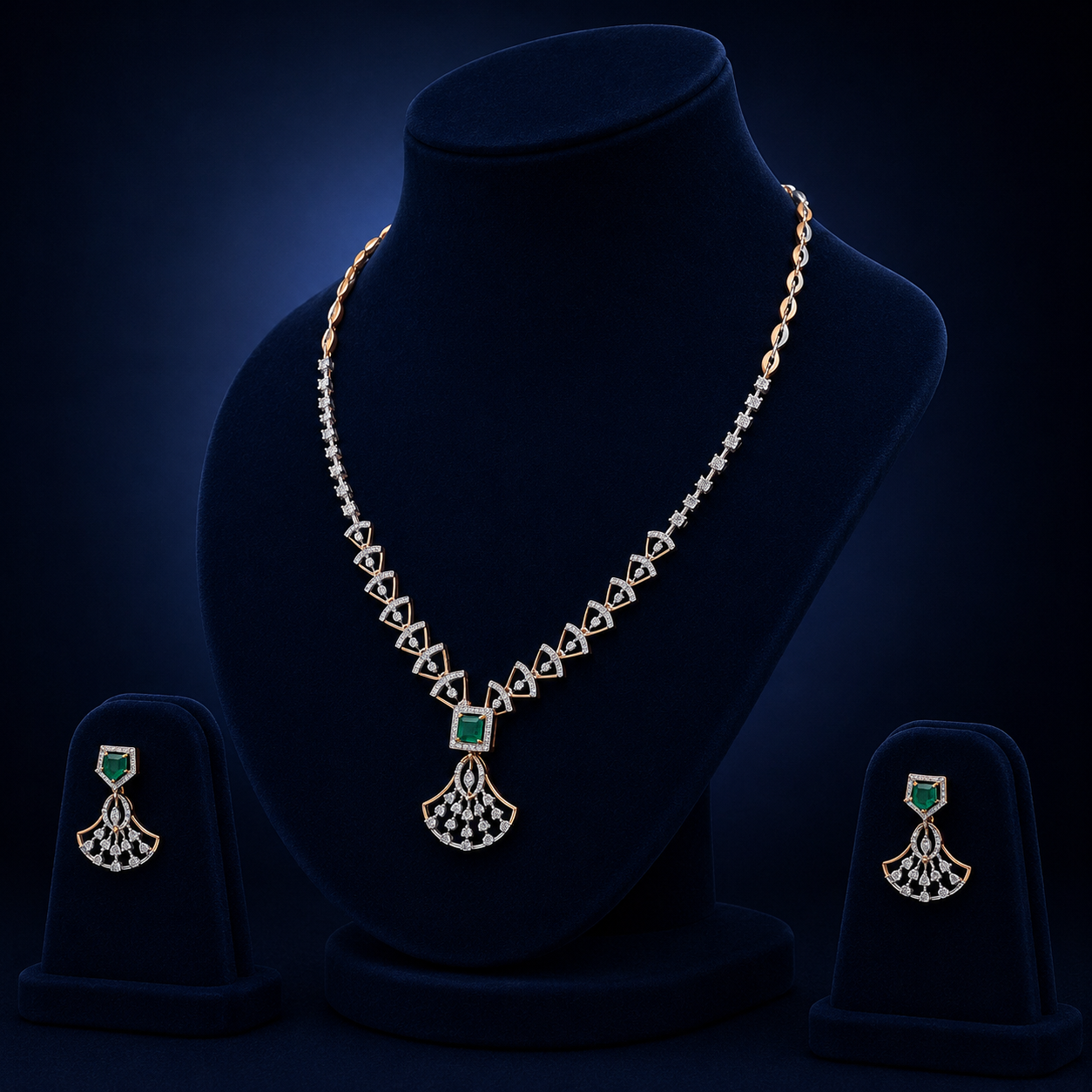 Elegant Rose Gold Natural Diamond Emerald Pendant Necklace Set