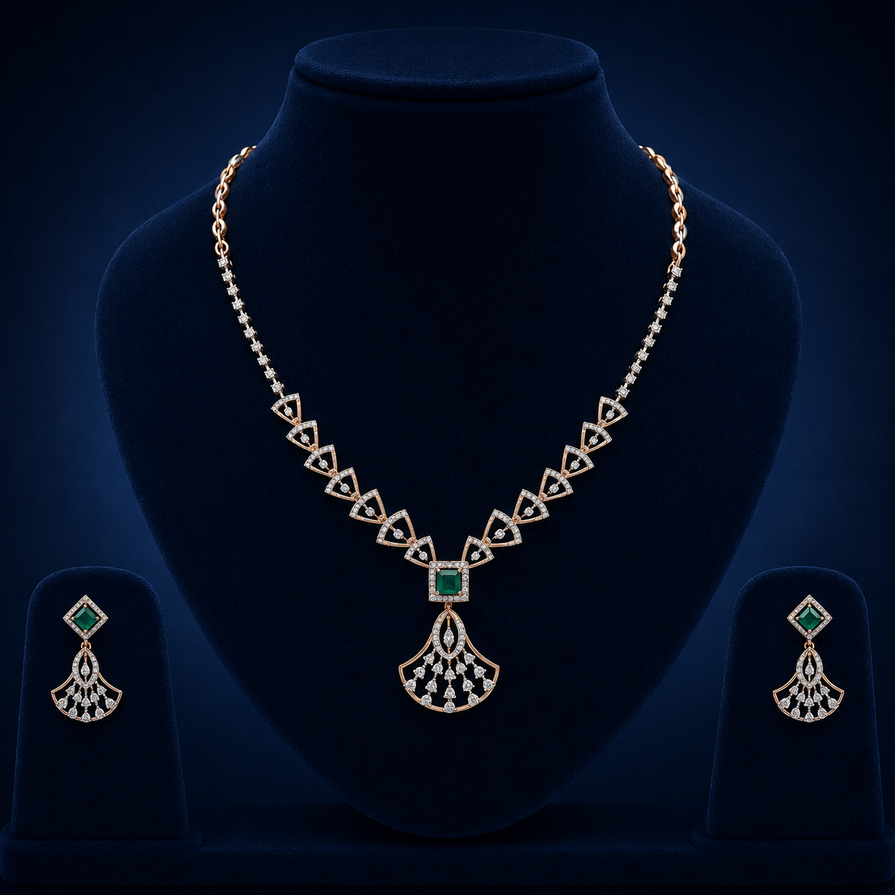 Elegant Rose Gold Natural Diamond Emerald Pendant Necklace Set